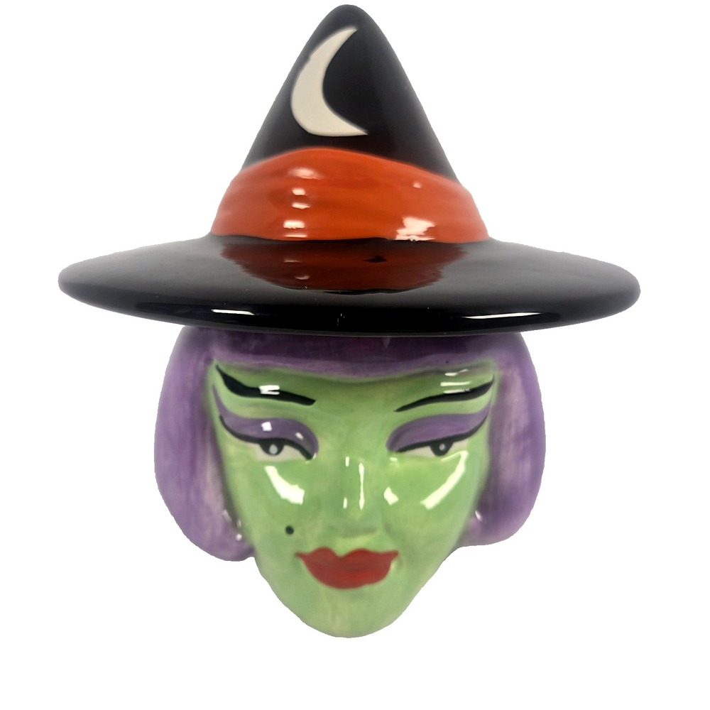 Disney Witch Candle 8 Inch Ceramic Green Purple Halloween Decor Hat Lid New